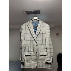 Allen Edmonds Mens 42R Sport Coat Tan Blue Windowpane Silk Wool Blazer USA Made